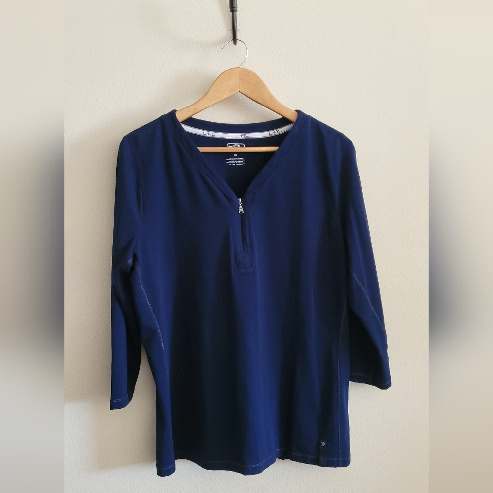 Ralph Lauren Cotton + Stretch Blend Zippered Vneck Top, Women's XL, Navy Blue